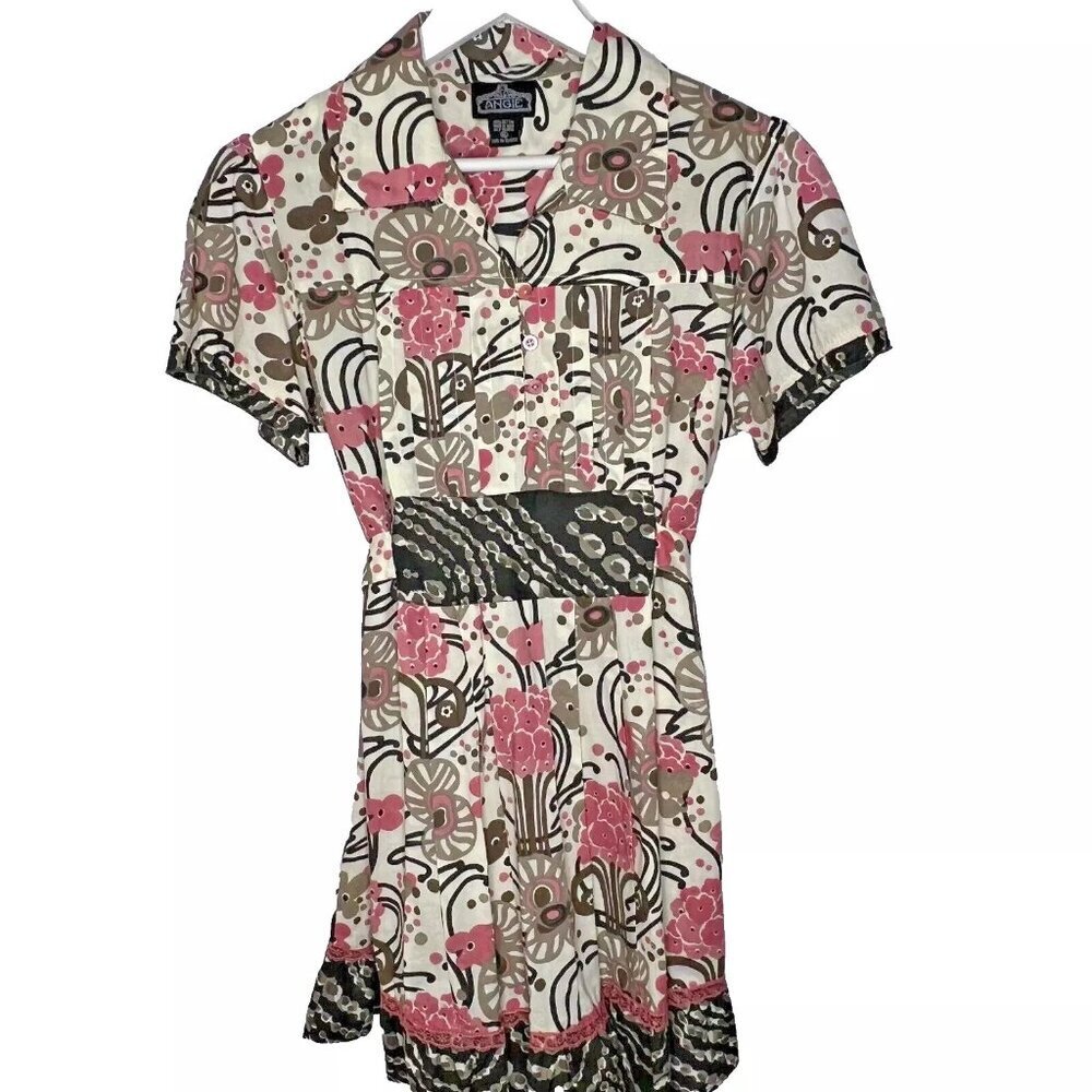 Angie Women Dress XL Mini Cotton Mix Print 1/2 Button Tie Back Whimsy Cottag Y2K